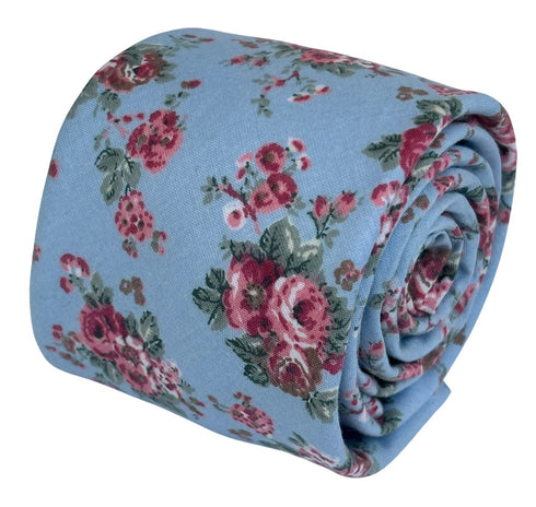 pale baby cornflower  blue tie  with pink rose peony flower design